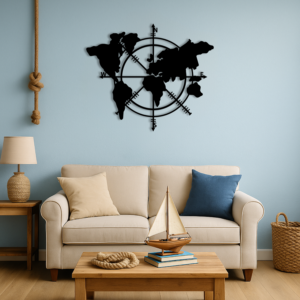 küresel pusula temalı ahşap duvar tablosu